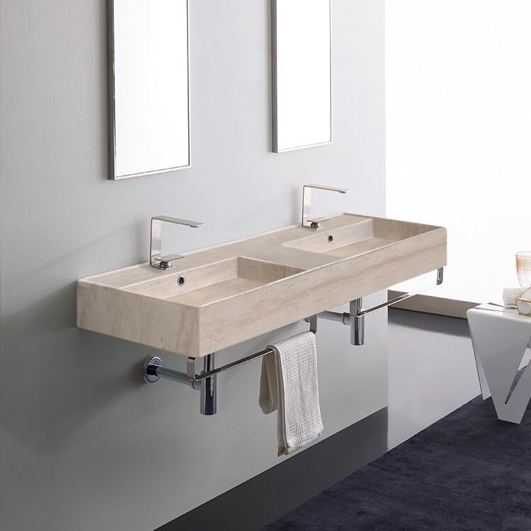 Scarabeo 5116-E-TB-Two Hole Beige Travertine Design Ceramic Wall Mounted Double Sink With Polished Chrome Towel Holder